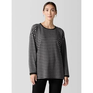 Eileen Fisher Striped Cozy Brushed Terry Long Box-Top‎ Pullover Black Gray Sz XS